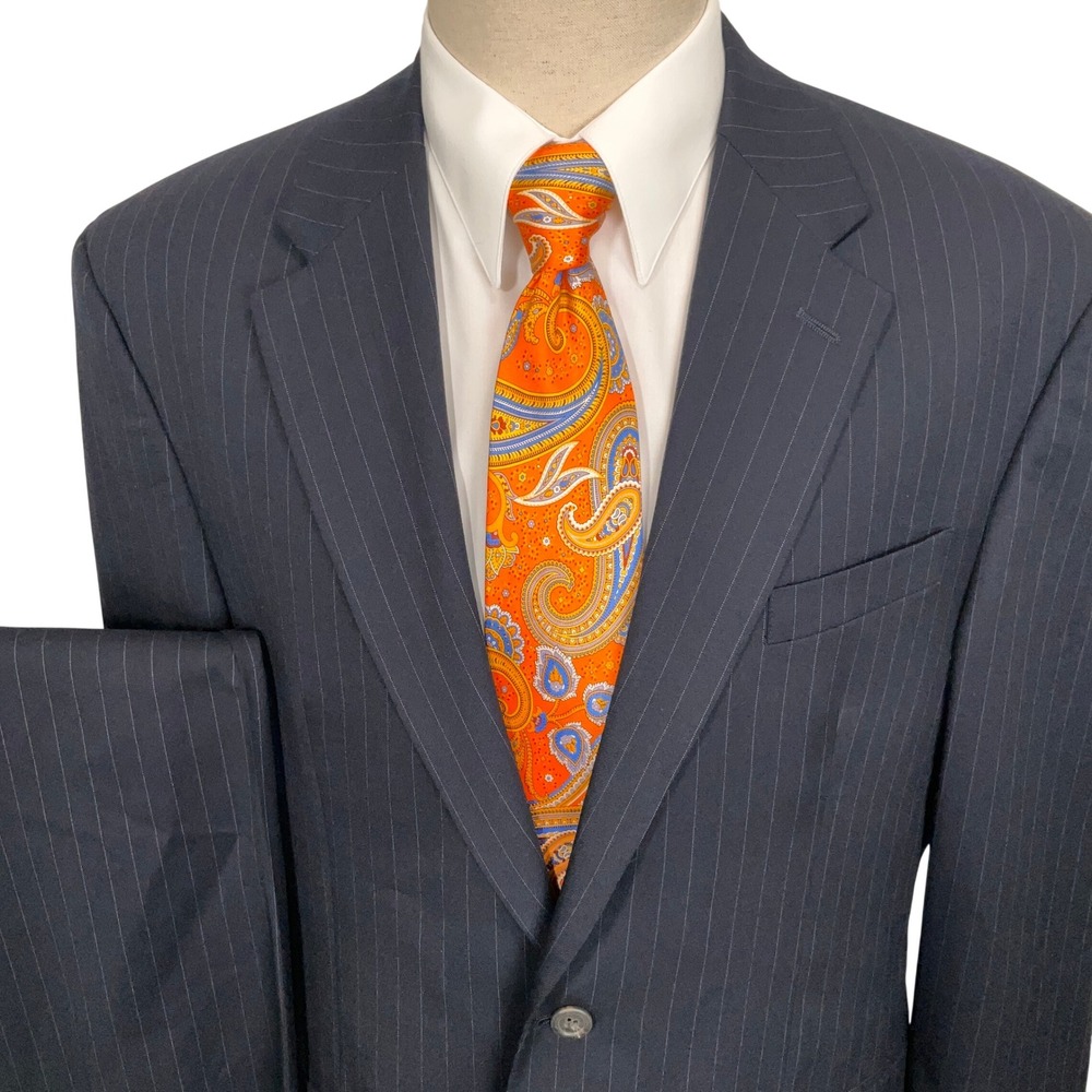 Chaps Suit Mens 42L Navy Blue Pinstripe 2-Button Timeless Dapper Corporate Wool